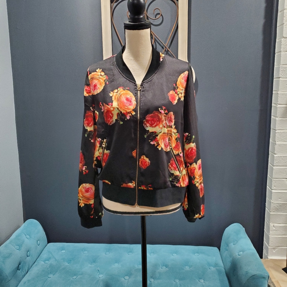 Floral Bomber Jacket - Black with Red and Orange Roses